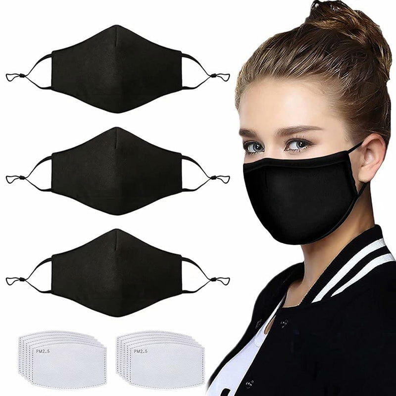 NBDIB Adult Adjustable Face Protection with Filter Pocket and Nose Wire Black Breathable Cloth Mask with 10Pcs Filters 3+10pcs