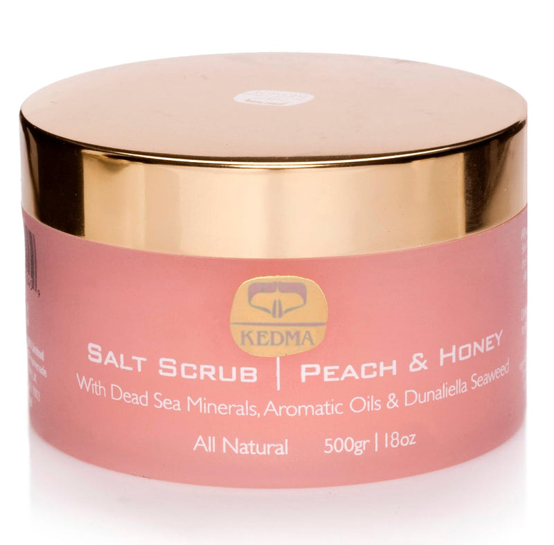 Kedma Peach & Honey Dead Sea Salt Scrub – Hydrating Salt Scrub Body Exfoliator with Almond & Mango Oils – Foot & Body Scrub for Women – Deep Nourishing Dead Sea Skincare - 18 oz 6.1 Fl Oz (Pack of 1)