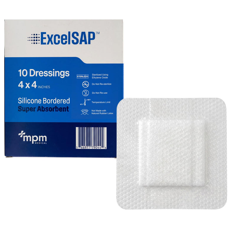 MPM Medical Excel SAP Silicone Bordered Superabsorbent Dressing 4x4, 10 Ct
