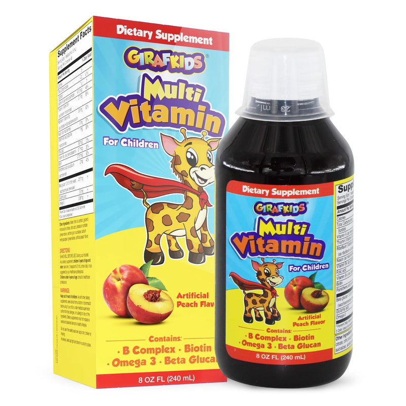 GirafKids Liquid Multivitamin for Kids with B Complex, 8 Fl Oz, Ages 4+ | Daily Child Vitamins Biotin, Vitamin A, Folic Acid, Omega-3 & Beta Glucan - Dietary Supplement for Kids Growth and Energy Peach