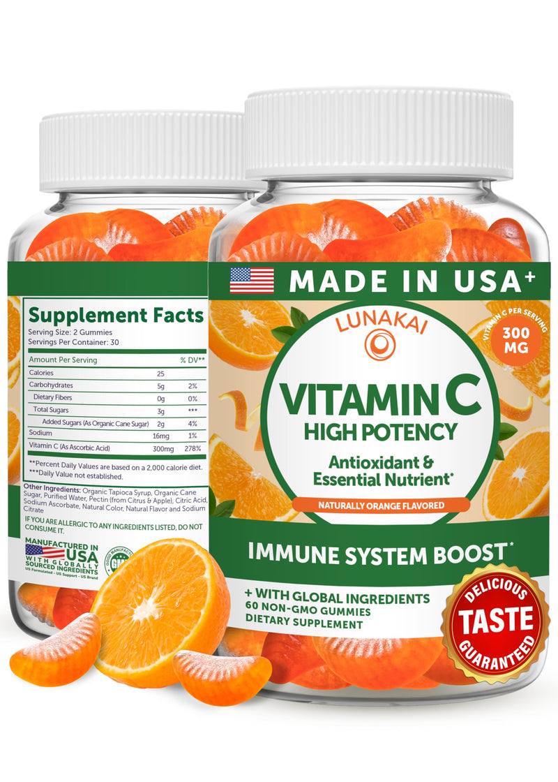 Lunakai USA Made High Potency Vitamin C Gummies for Adults and Kids - 300mg Immune Support - Non-GMO, Vegan, Delicious Orange Flavor, 60ct 60 Count (Pack of 1)