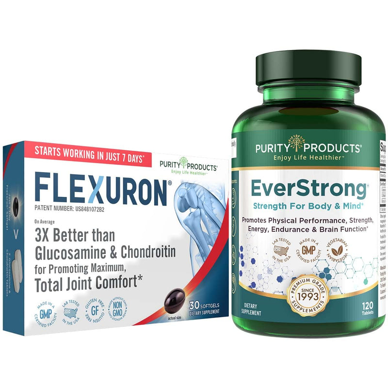 Purity Products Bundle - Flexuron Joint Formula + EverStrong Tablets Flexuron - Krill Oil, Hyaluronic Acid + Astaxanthin - EverStrong- Muscle Matrix Blend w/Creatine, Coffee Fruit Extract + More - BeesActive Australia