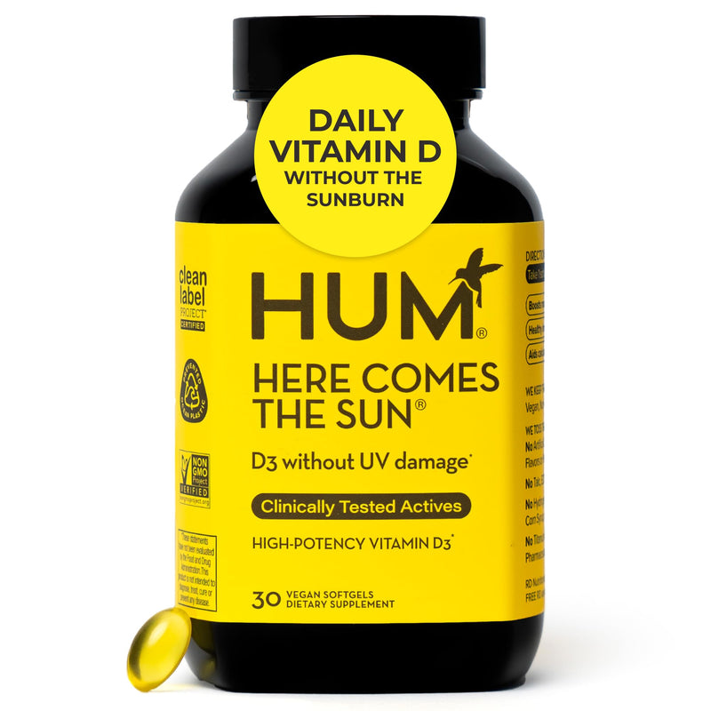 HUM Here Comes The Sun Vitamin D3 Immune Support & Bone Health, 30 Count | 2000 IU D3 from Lichen, Women & Men, Non-GMO, Gluten Free, 30 Capsules 30 Count (Pack of 1)