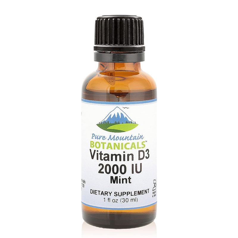 Pure Mountain Botanicals Liquid Vitamin D Drops - 2000 IU Vitamin D3 Supplement - Natural Mint Flavor in MCT Oil - Pure D3 for Adults and Kids - 1 oz