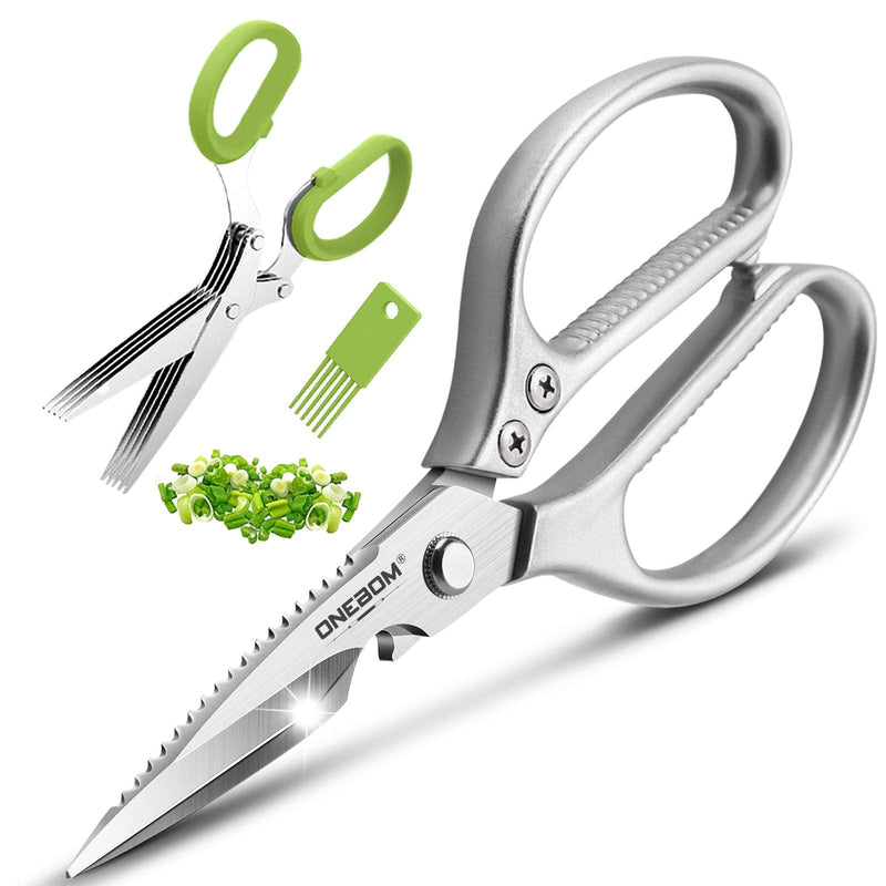 ONEBOM Kitchen Shears 2 Pack,Multi-Function Kitchen Scissors Heavy Duty Sharp 304 Stainless Steel, Sliver Apartment Kitchen Accessories Cooking Shears for Chicken,Meat,Fish,Poultry(Sliver) Silver - BeesActive Australia