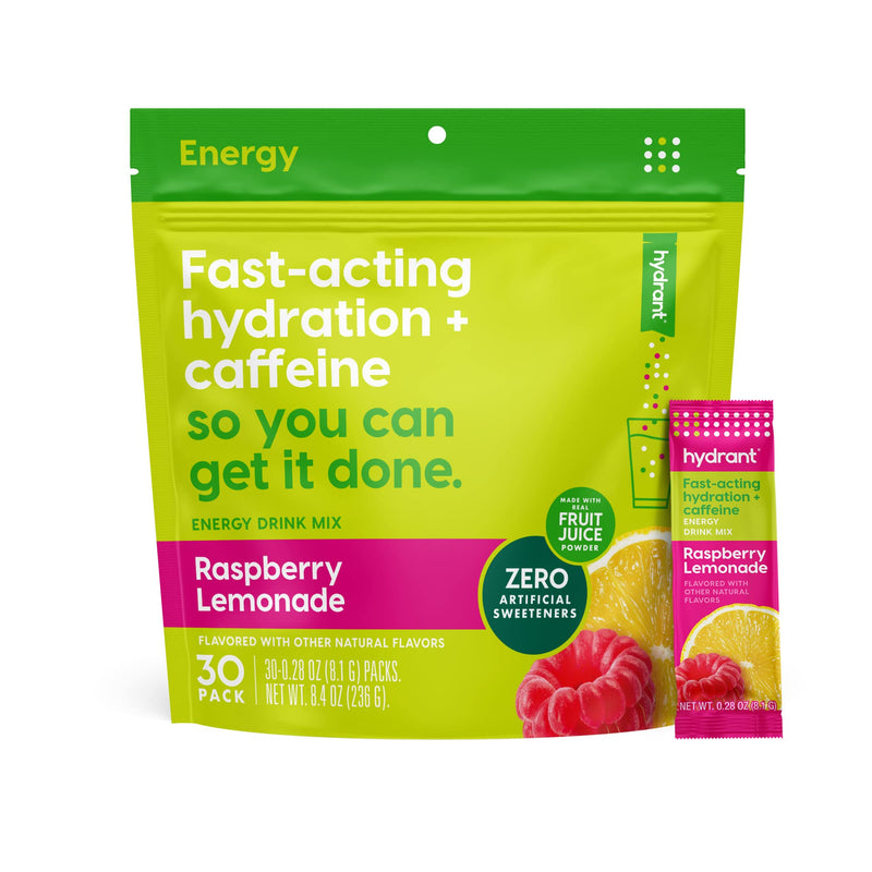 Hydrant Energy, Individual Caffeinated Hydration Powder Stick Packets with 100mg of Caffeine, Electrolytes, and L-Thenanine (Raspbery Lemonade, 30 Count) Raspberry Lemonade 30 Servings (Pack of 1) - BeesActive Australia