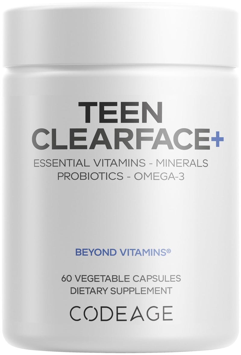 Codeage Teen Clearface Adolescent Face, Skin & Pimples, Vitamins A, C, D3, E, Pantothenic Acid, Niacin, Zinc Supplement Teenagers, Probiotics, L-Lysine, Omega-3, Oily Skin, Pores, Spots - 60 Capsules 60 Count (Pack of 1)