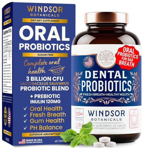 Oral Probiotics for Teeth and Gums - 3BN CFU Lactobacillus Salivarius Acidophilus Rhamnosus Streptococcus - Bad Breath Treatment for Adults - 45 Chewable Mint Dental Probiotic Tablets for Women & Men 45 Count (Pack of 1)