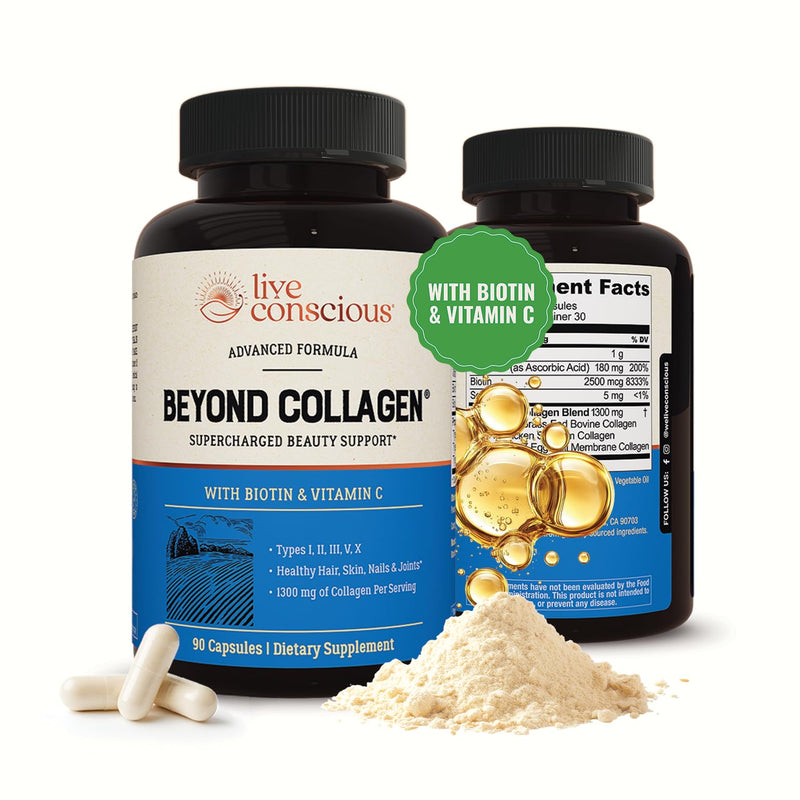 Live Conscious Beyond Collagen Multi Collagen Capsules - Types I, II, III, V & X - Hydrolyzed Blend with Biotin & Vitamin C for Hair, Skin, Nails 90 Capsules 90 Count (Pack of 1)