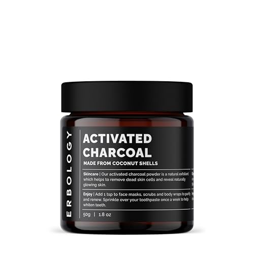 Erbology Activated Charcoal Powder 1.8 oz - Teeth Whitening - Add to Face Masks, Toothpaste and Body Wraps for Natural Exfoliation - Natural Digestive Aid - Vegan - Recyclable Glass Jar 3.2 Ounce (Pack of 1)