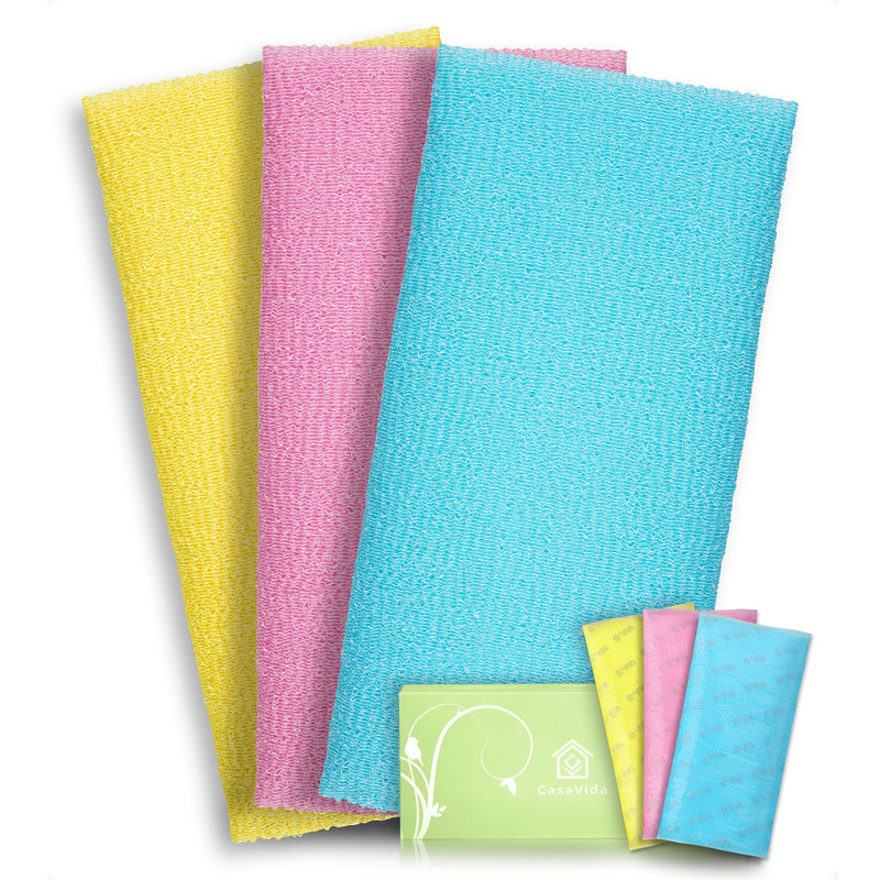 Exfoliating Washcloth Japanese Beauty Washcloth - African Net Sponge Nylon Bath Korean Loofah Towel Puff Large Wash Cloth Body Scrub Washcloths Shower Towel Back Scrubber For Shower 3 Pack by CasaVida Blue + Yellow + Pink - BeesActive Australia