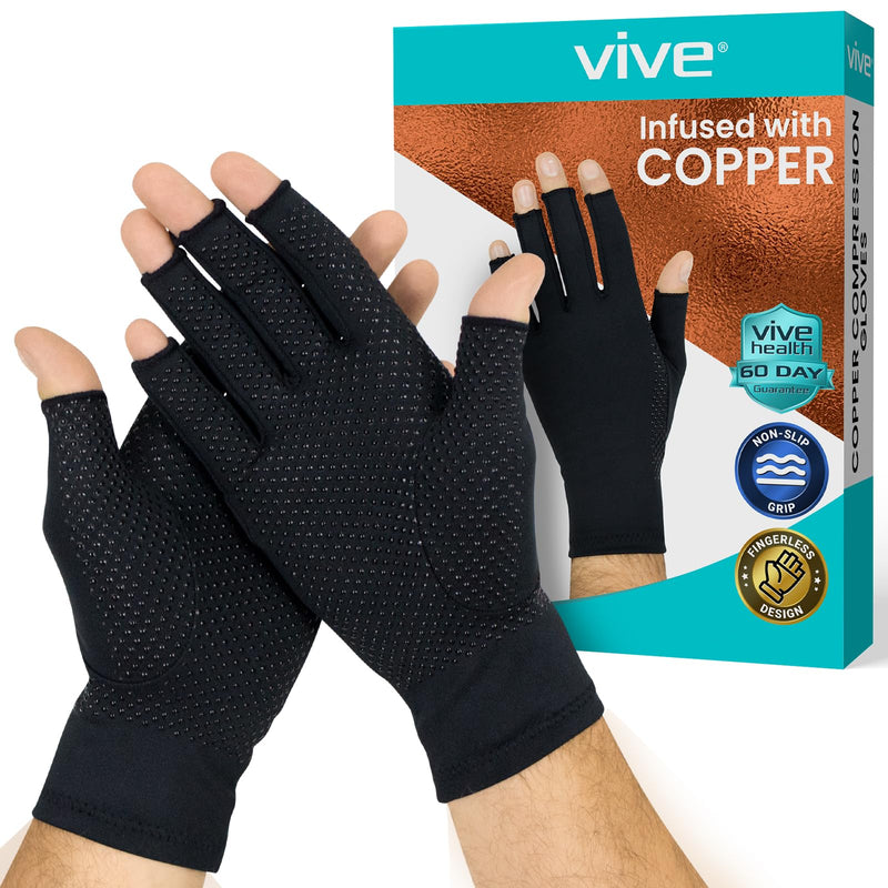 Vive Copper Infused Fingerless Arthritis Compression Gloves (Pair) - Relief for Men, Women, Rheumatoid, Swelling, Carpal Tunnel, Tendonitis, Edema, Hand & Finger Pain - Comfortable Non-Slip (Large) Large
