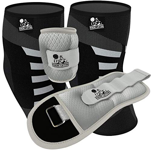 Nordic Lifting Elbow Compression Sleeves (1 Pair) Medium and Ankle/Wrist Weights (1 Pair, Two 5 lbs) Sleek Grey