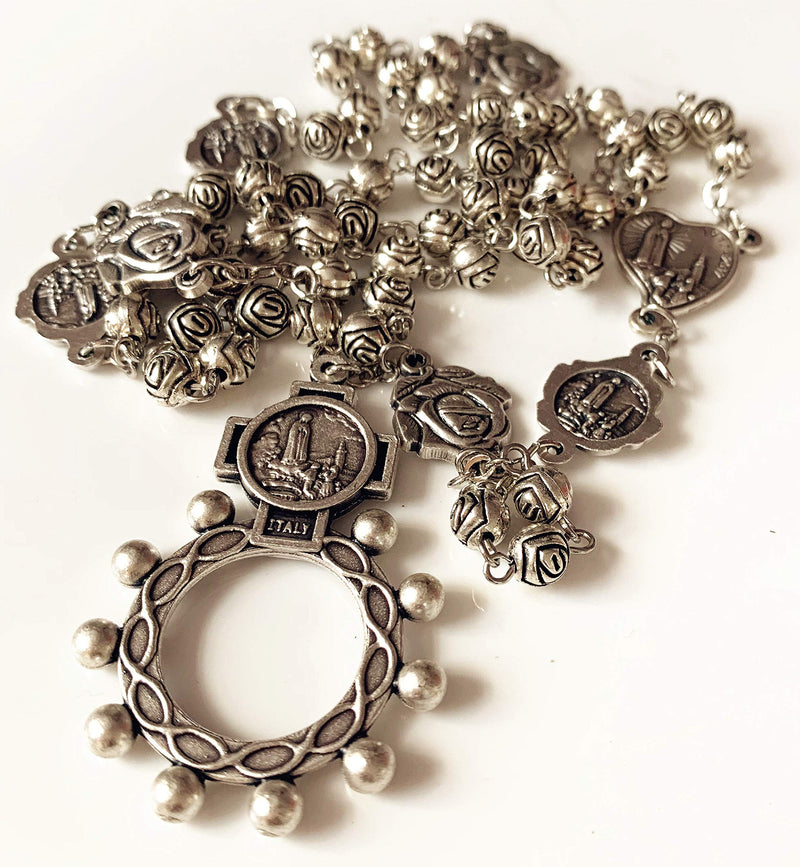 elegantmedical HANDMADE vintage silver rose beads Catholic OUR LADY OF FATIMA Rosary Necklace Cross Gift Box Italy crucifix - BeesActive Australia