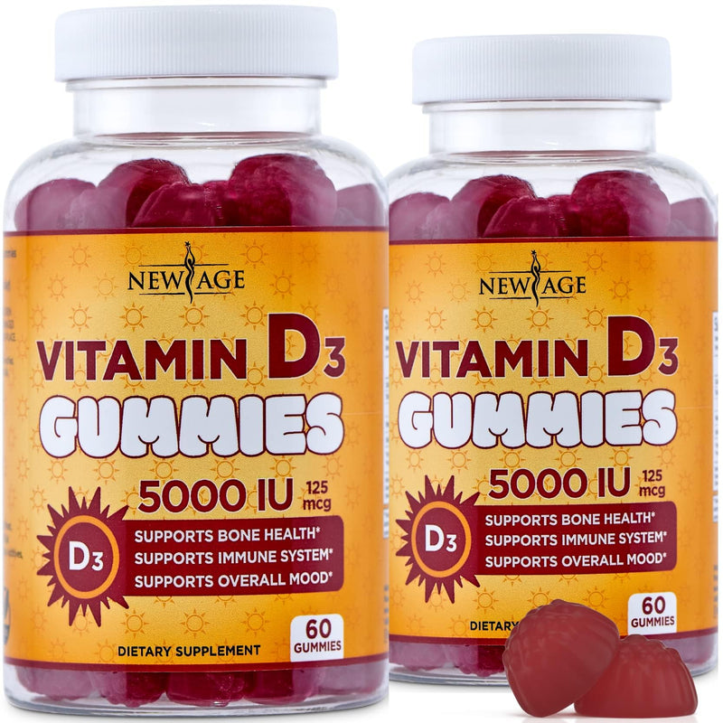 NEW AGE Vitamin D3 5000 IU 125mcg Gummies - Support Immune Support, Strong Bone Health - Non-GMO, Gluten-Free, Dairy-Free, No Gelatin (120 Gummies (Pack of 2)) 120 Gummies (Pack of 2) - BeesActive Australia