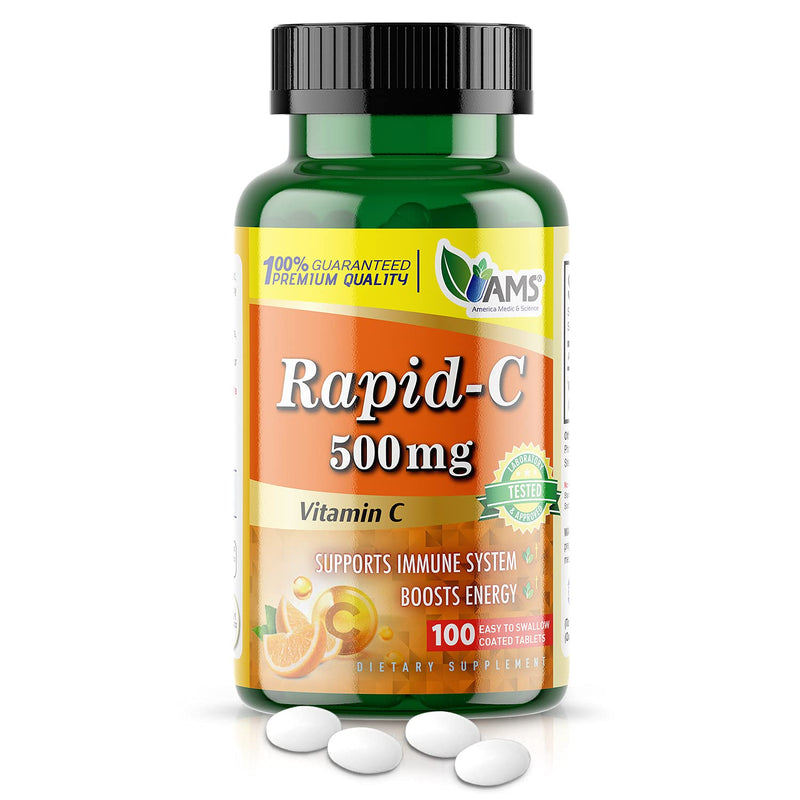 America Medic & Science Rapid-C 500mg Vitamin C Supplement (1 Pack of 100 Tablets) Energy Booster, Daily Immune System Support, Antioxidant | Vegan, Non-GMO Coated Ascorbic Acid for Adult Men & Women 100 Count (Pack of 1)