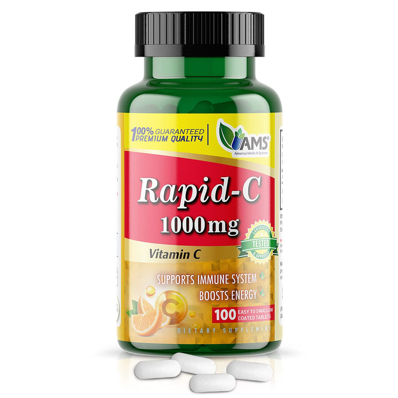 America Medic & Science Rapid-C 1000mg Vitamin C Supplement (1 Pack of 100 Tablets) Energy Booster, Daily Immune System Support, Antioxidant | Vegan, Non-GMO Coated Ascorbic Acid for Adult Men & Women 100 Count (Pack of 1)