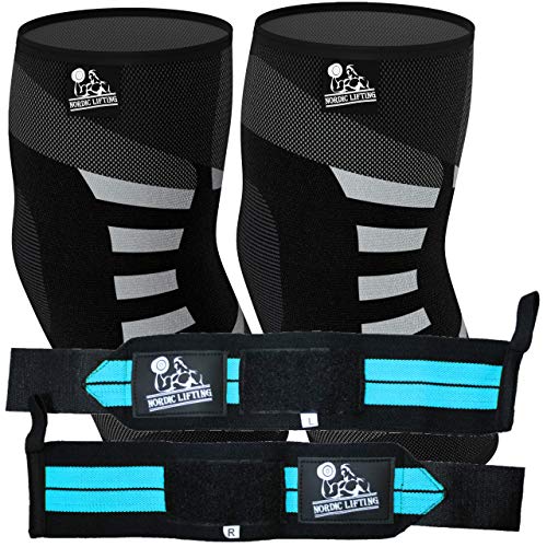 Nordic Lifting Elbow Compression Sleeves (1 Pair, Medium) and Wrist Wraps (1 Pair/2 Wraps) Aqua Blue