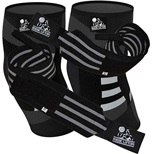 Nordic Lifting Elbow Compression Sleeves (1 Pair, Medium) and Wrist Wraps Super Heavy Duty (1 Pair/2 Wraps) Black Grey