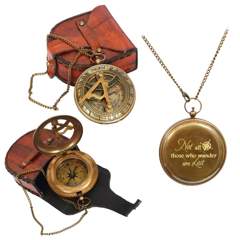 PORTHO Engraved Sundial Compass with Leather case for Traveler Inspirational Adventurer Wedding Baptism Gift for him Adventure - BeesActive Australia