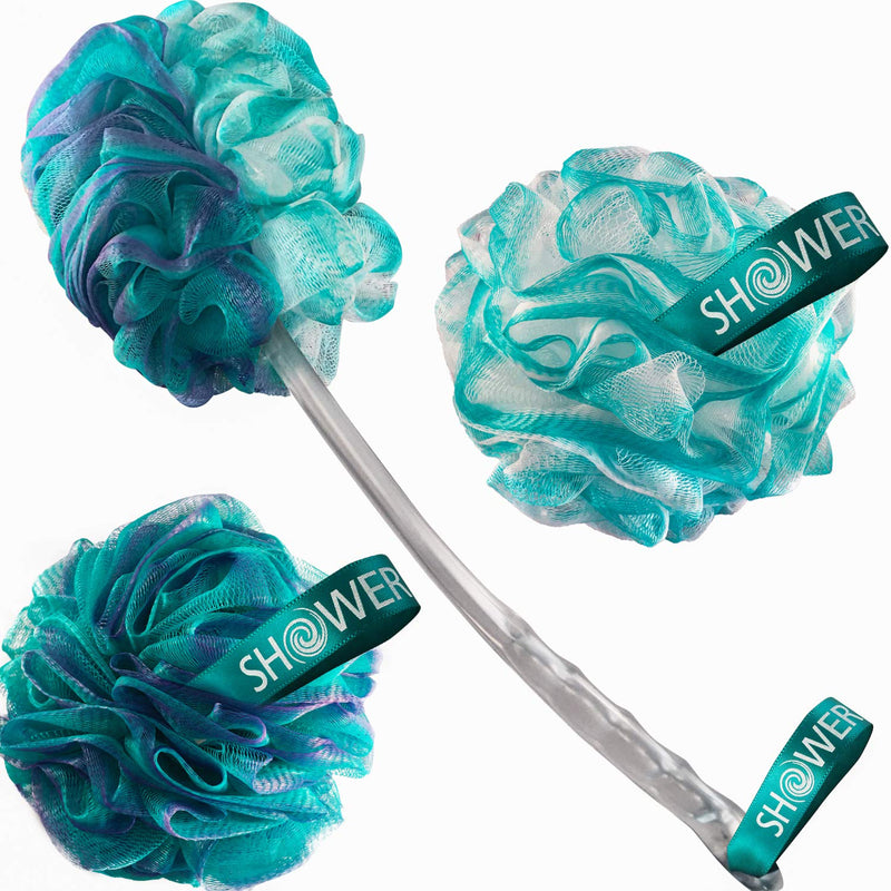 2-Side-Loofah-Back-Scrubber & Bath-Sponges by-Shower-Bouquet: 1-Long-Handle-Back-Brush Plus 2-Extra-Large 75g Soft Mesh Poufs, Men & Women - Exfoliate with Full Pure Cleanse in Bathing Accessories Green-white, Green-lavender - BeesActive Australia