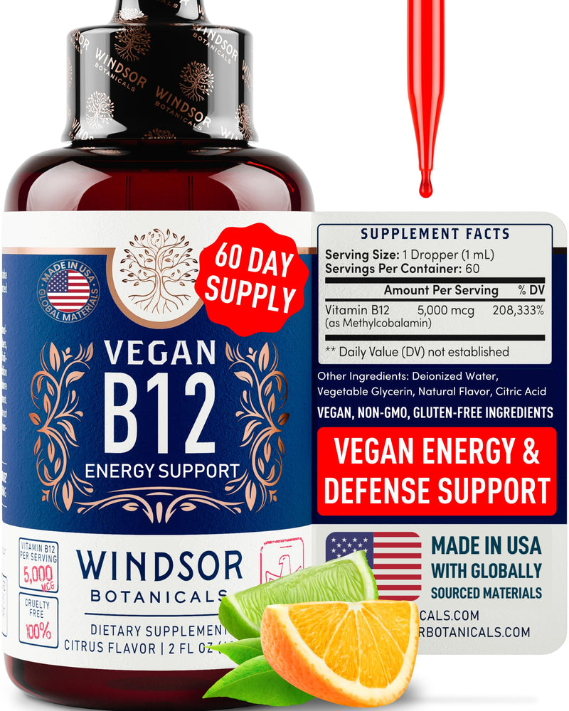 Vegan Vitamin B12 Liquid - Max Strength Methylcobalamin B12 Sublingual 5000 mcg - Fast Absorbing Supplement for Mood, Memory and Energy Support - Non-GMO, Gluten-Free, Citrus Flavor B 12 Drops, 2oz 2 Fl Oz (Pack of 1)