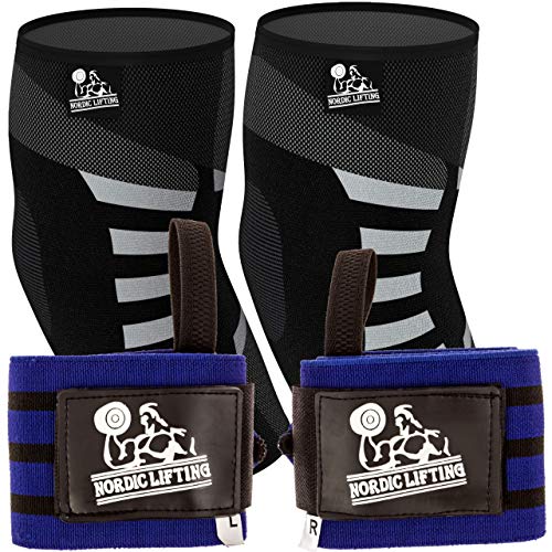 Nordic Lifting Elbow Compression Sleeves (1 Pair, Medium) and Wrist Wraps Super Heavy Duty (1 Pair/2 Wraps) Blue