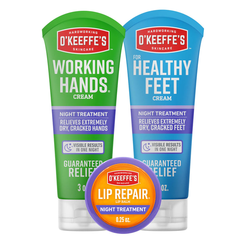 O'Keeffe's Night Treatment Combo Pack Including Working Hands Night Treatment Hand Cream, Healthy Feet Night Treatment Foot Cream and Lip Repair Night Treatment Lip Balm; Gift Idea 1 Count (Pack of 1)