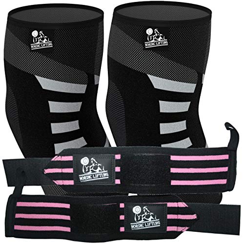 Nordic Lifting Elbow Compression Sleeves (1 Pair, Medium) and Wrist Wraps (1 Pair/2 Wraps) Pink
