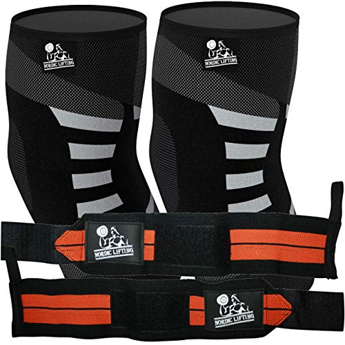 Nordic Lifting Elbow Compression Sleeves (1 Pair, Medium) and Wrist Wraps (1 Pair/2 Wraps) Orange