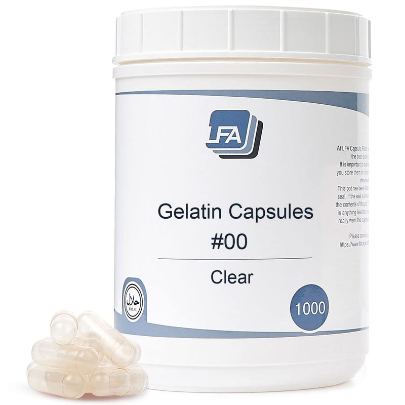 Size 00 Empty Capsules - Clear Gelatin - 1000 Count Jar - Fits Capsule Machine Filling Tray - Joined Beef Gel Caps Easy Snap for DIY Powder Supplement Pills - Certified Halal 1000 Count (Pack of 1)