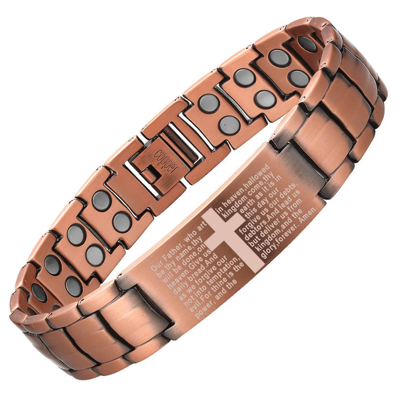MagEnergy Copper Bracelet for Men, Cross Copper Magnetic Bracelet with Ultra Strength Magnets, Adjustable Link Jewelry Box Gift (Sizing Tool) Copper-Matthew 6:9-13