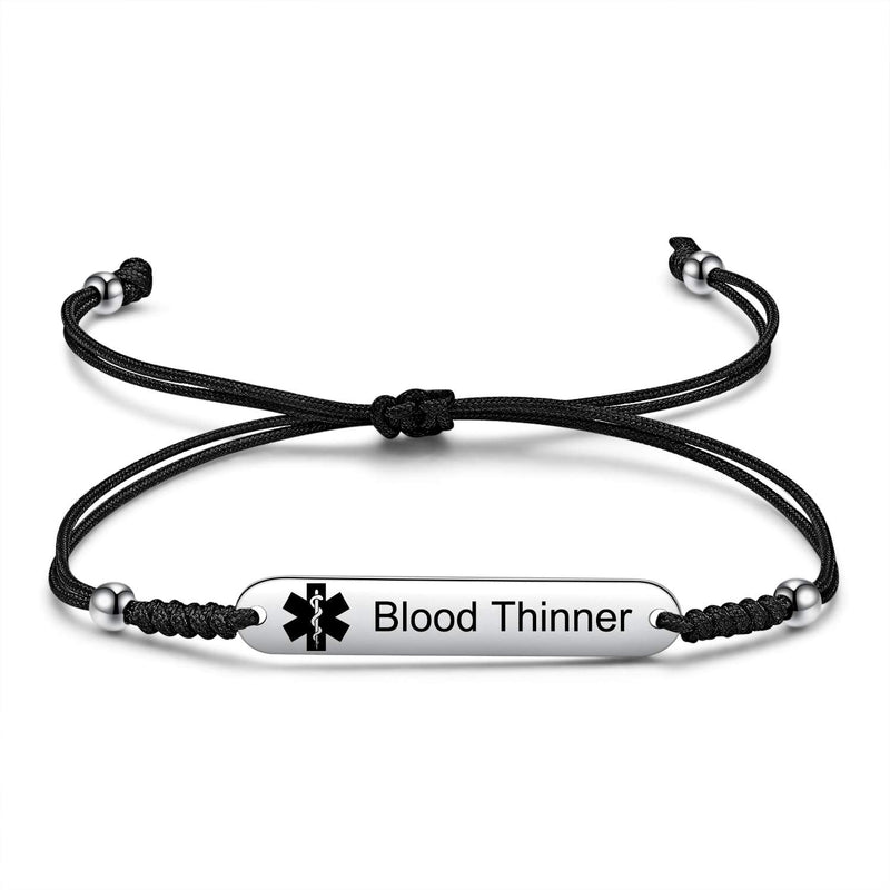 Women's Medical Alert ID Bracelets | Pre Engraved Type 1 Type 2 Diabetes Epilepsy Blood Thinner ID Bracelet | Diabetes Awareness Bracelet blood thinner & braided link - black