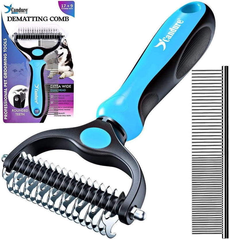 Candure Pet Friendly Dog Brush for Shedding & Effective Hair Removal Double-Sided Dematting Comb for Dogs & Cats Hair Brush for Shedding - Undercoat Rake for Dogs with Comb (Large, Blue) Large - BeesActive Australia