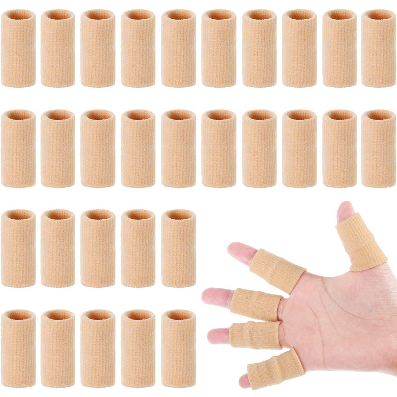 Skylety 30 Pieces Finger Sleeves with 1 Storage Bag, Thumb Splint Brace Support Protector Breathable Elastic Finger Tape for Pain Relief Arthritis Trigger Sports Basketball Baseball(Beige) Beige