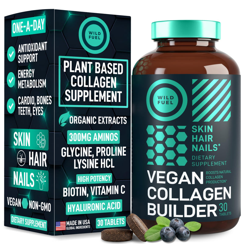 WILD FUEL Vegan Collagen Builder - Biotin, Organic Superfood, Amino Acids Glycine, Lysine, Proline Plant-Based Collagen Booster Supplements - 30 Organic Extract Tablets 30 Tablets (pack of 1)