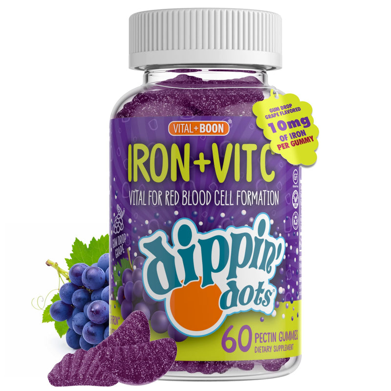 Dippin' Dots Iron Gummies for Women, with Vitamin C & B12 (60 Ct) | Gum Drop Grape iron supplement gummies with Vitamin C & B12, vital for red blood cells; vegan, gluten & gelatin free. 60 Count (Pack of 1)