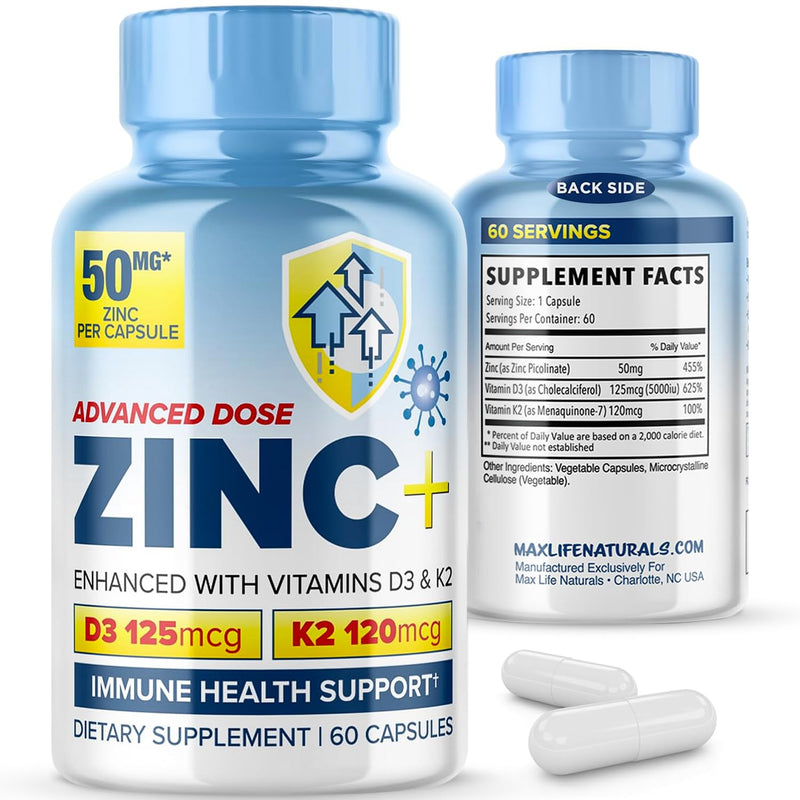 MaxLife Naturals Zinc Picolinate 50mg D3 K2, 60 Capsules Made in USA | Immune Health Support, Bone Wellness, Cardiovascular Care, Men Women Formula, Daily Nutrient Routine