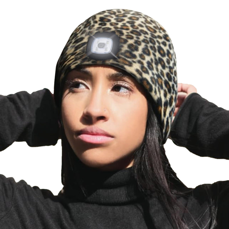 HEAD LIGHTZ by ROQ Innovation - Fleece Beanie Hat with LED Light - Cap for Winter Safety, Unisex Fits Men, Women, Kids Headlamp for Dog Walking Leopard