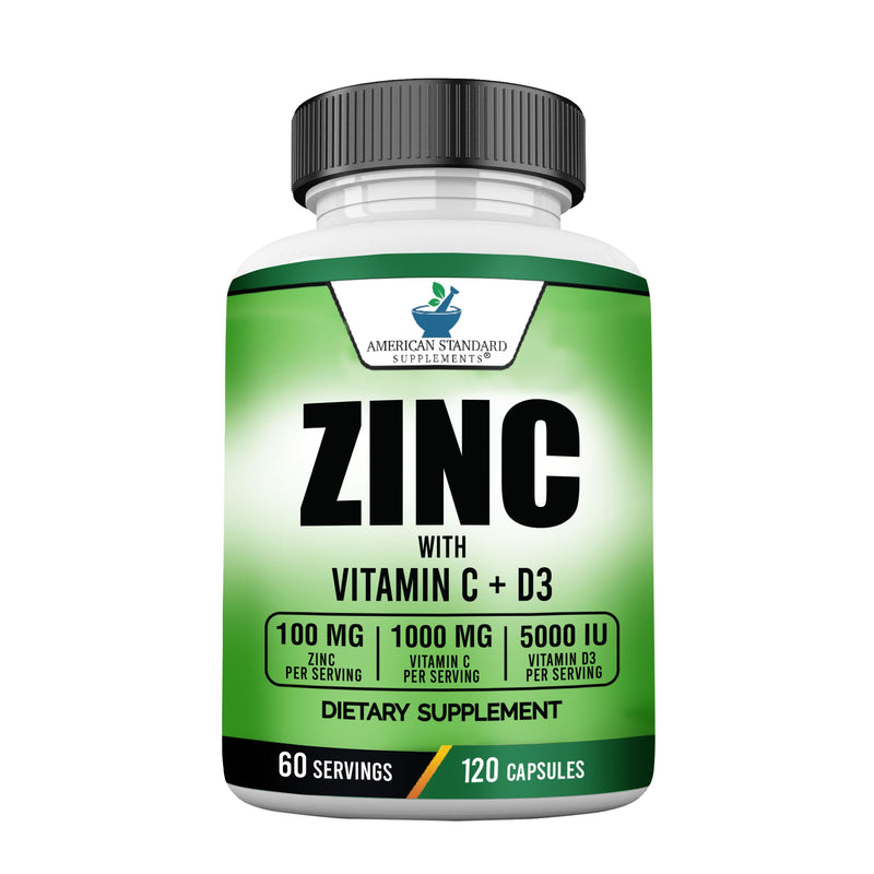 American Standard Supplements Zinc 100mg, Vitamin C 1000mg, and Vitamin D3 5000 IU (125mcg) Per Serving - Gluten Free, Non-GMO, 120 Capsules, 60 Servings 120 Count (Pack of 1) - BeesActive Australia