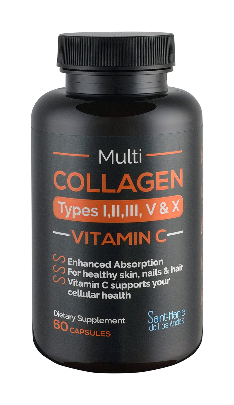 Multi Collagen Pills (Types I, II, III, V & X) + Vitamin C + Absorption Enhancer (1 Month Supply) - Collagen Supplements to Support Hair, Skin, Nails, Joints, & Gut Health