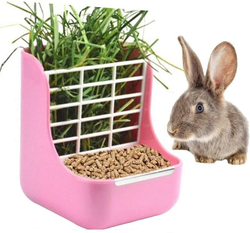 Rabbit Feeder, Hay Food Bin Feeder, Pink (Plastic), Adjustable, Removable Grass Rack, Stainless Steel Edge, for Rabbit, Guinea Pig, Chinchilla - BeesActive Australia