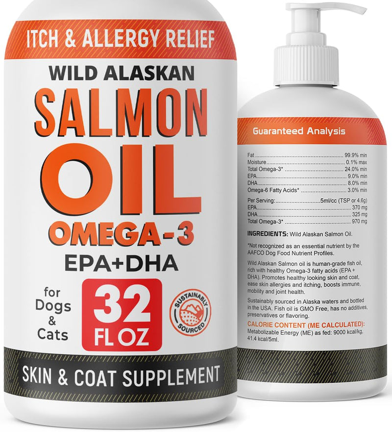 StrellaLab 32 OZ Salmon Oil for Dogs - Omega 3 for Dogs & Cats, Itch & Allergy Relief, Wild Alaskan Salmon Oil Dogs Skin & Coat, Dog Fish Oil Liquid, Shedding Supplement EPA & DHA Fatty Acids Omega Fish Oil - PawsPlanet Australia