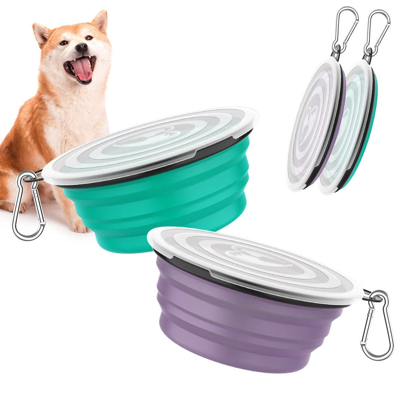 Pawaboo Collapsible Dog Bowls 2 Pack, Silicone Feeding Watering Bowls with Lids & Carabiners for Dogs Cats, Portable Water Feeder Food Bowl for Walking Traveling Home Use, 1000ml, Violet+Turquoise 1000ml(Pack of 2) - BeesActive Australia