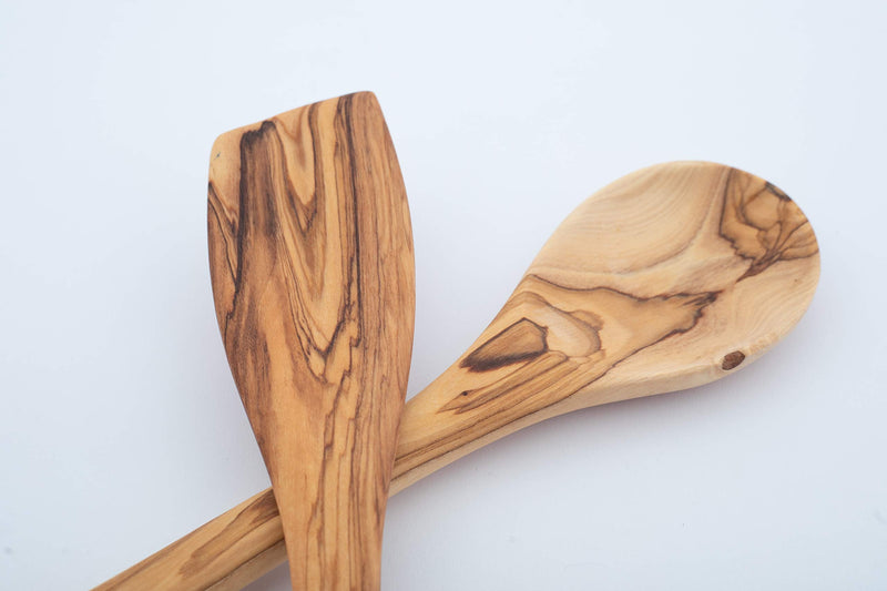 Handcrafted Olive Wood Cooking Spoon & Spatula (10 Inch Set of 2 Pieces) Carved by Talented Artists in Israel, Practical Wooden Utensils Last for So Long, Resistant of Scratch 10 Inch - BeesActive Australia