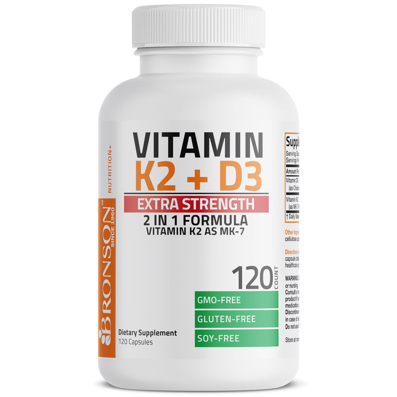 Bronson Vitamin K2 D3 (MK7) Extra Strength D3 & K2 Complex, 120 Capsules | Bone, Immune & Heart Health Support, Gluten Free, Soy Free, Non-GMO, Vitamin D3 10,000IU (250 mcg) & 120 mcg K2 MK-7 120 Count (Pack of 1)