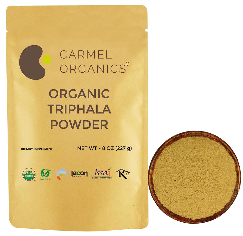 CARMEL ORGANICS Organic Triphala Fruits Powder 8 oz or 1/2 lb for Digestive Support | USDA Certified Organic | No Added Preservatives | Blend of Harad, Baheda & Amla Powder in Equal Ratio 8 Ounce (Pack of 1) - BeesActive Australia