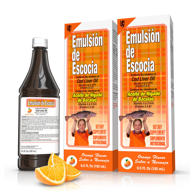 Emulsión de Escocia Cod Liver Oil Complex with Vitamins A, D, E, B1 - Natural Orange Flavor Dietary Supplement for Immune Support & Bone Health - Essential Omega 3 Fish Oil - 6.5 oz (2-Pack)