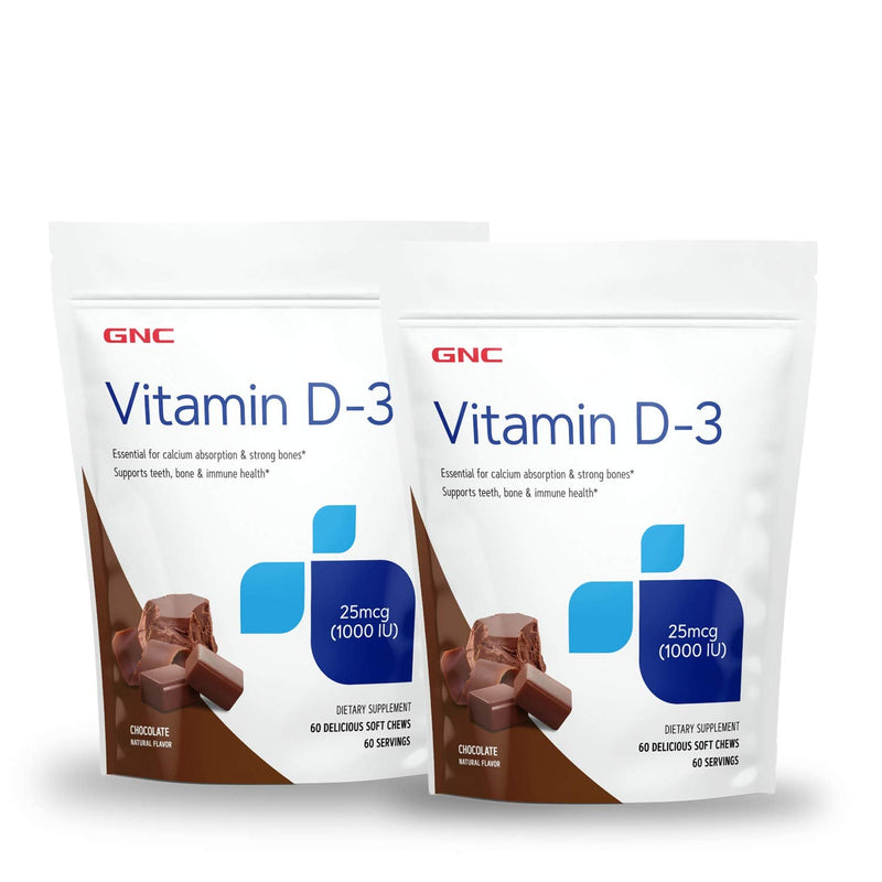 GNC Vitamin D-3 Soft Chews 1000IU, Chocolate, 60 Count, Twin Pack | Provides 125% Daily Value of Vitamin D-3 to Support Teeth, Bone, and Immune Health in a Delicious Soft Chew 60 Count (Pack of 2)