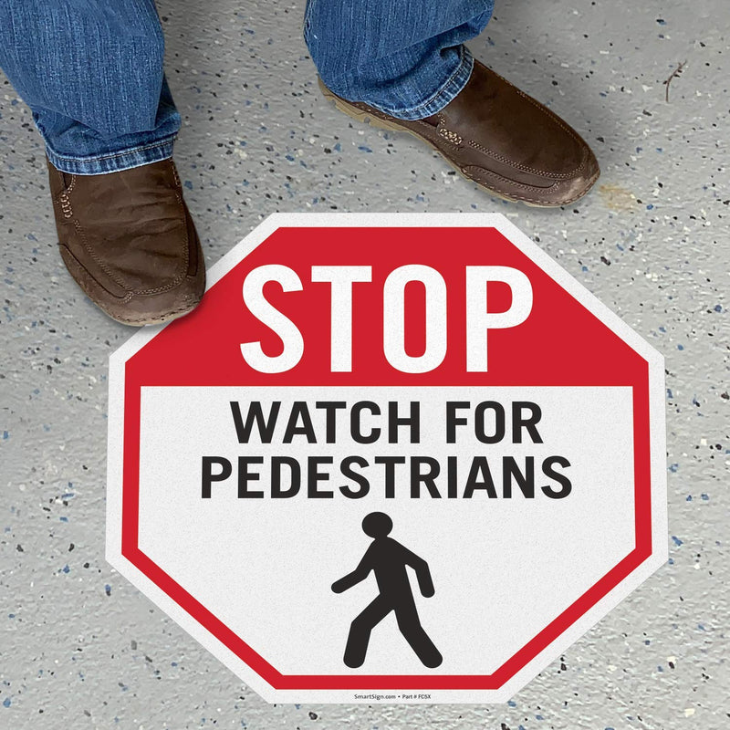 SmartSign “Stop - Watch for Pedestrians” Anti Slip Adhesive Reflective Octagonal Floor Sign | 17" x 17" 17" x 17" Reflective Octagon